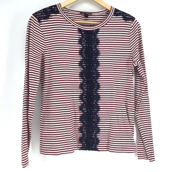 J. Crew Lace Red Long Sleeve Striped T-Shirt Top - Picture 1 of 4
